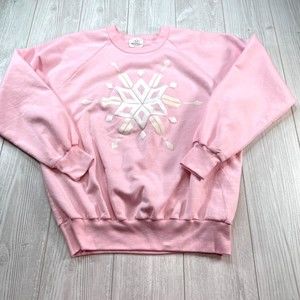 VTG Sweatshirt Womens OS XL Pink Pullover Crewneck Snowflake Print Winter 80s